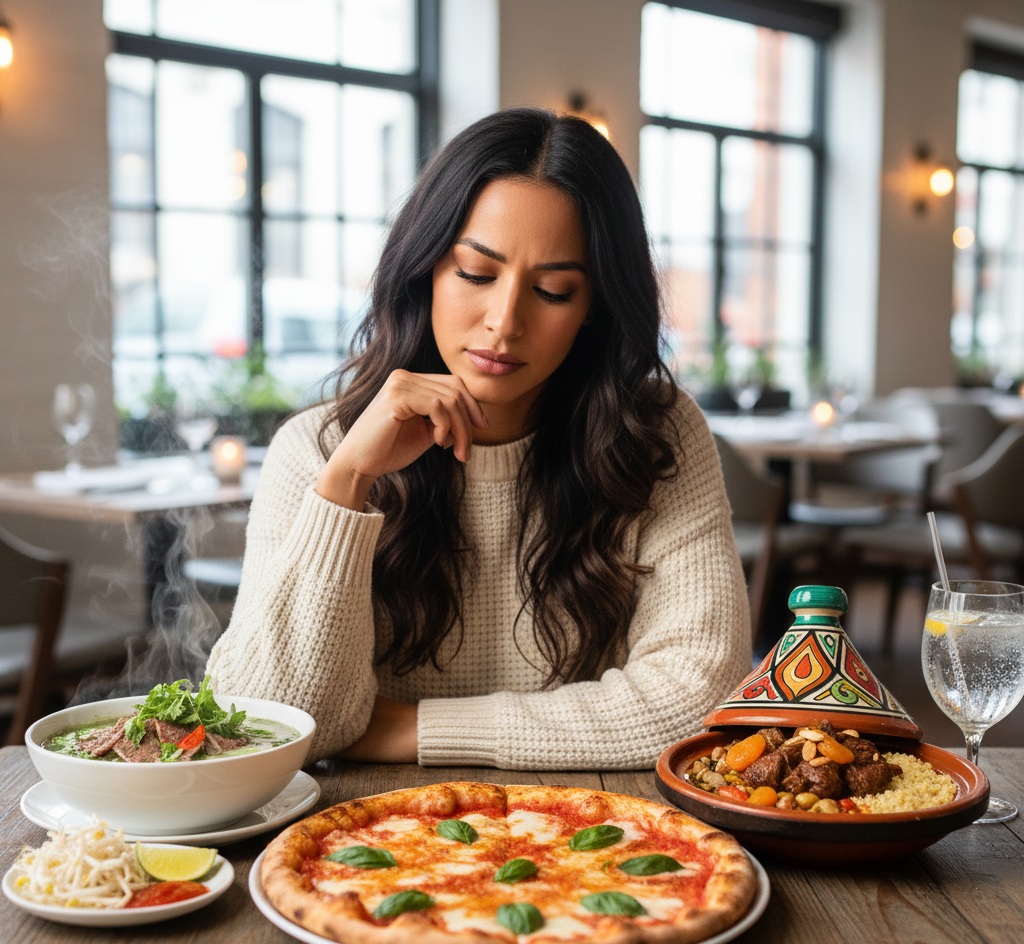 Photo d'une femme hésitant sur son repas